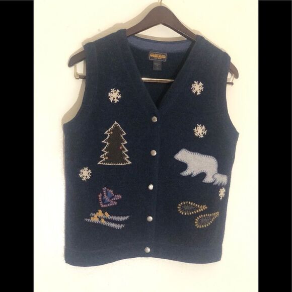 Woolrich Womens Vest Skis Bear Tree Blue Sz M - Picture 1 of 6